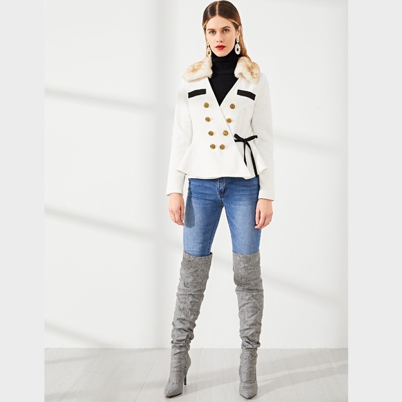 White Peplum Coat Jacket Faux Fur Wrap Style - Picture 4 of 5